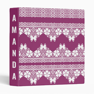White Retro Lace  butterflies Burgundy Binder