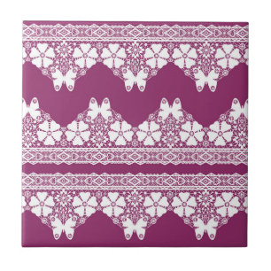 White Retro Lace butterflies Burgundy Tile