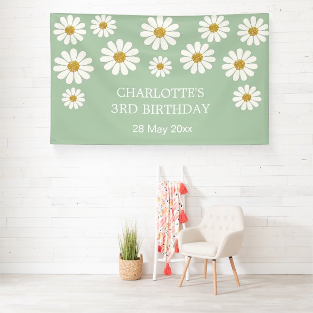White Retro Modern Daisy Flower Custom Birthday   Banner (Insitu)