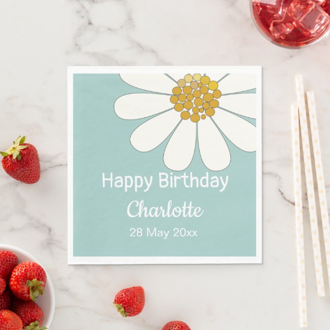 White Retro Modern Daisy Flower Custom Birthday  Napkin (Insitu)