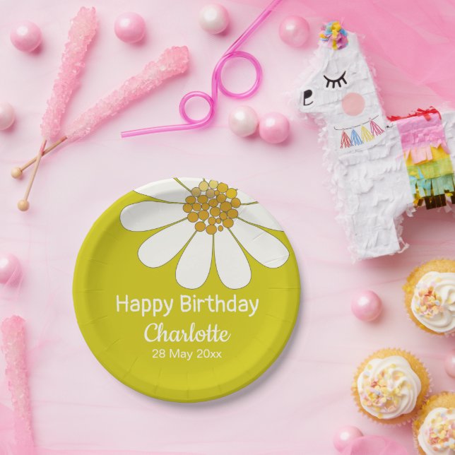 White Retro Modern Daisy Flower Custom Birthday    Paper Plate (Party)