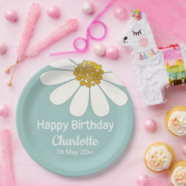 White Retro Modern Daisy Flower Custom Birthday Paper Plate