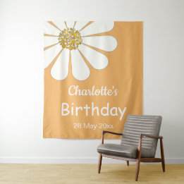 White Retro Modern Daisy Flower Custom Birthday Tapestry