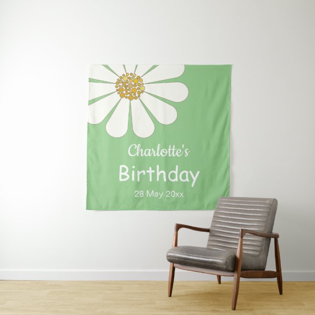 White Retro Modern Daisy Flower Custom Birthday   Tapestry (In Situ)