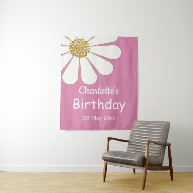White Retro Modern Daisy Flower Custom Birthday    Tapestry (In Situ)