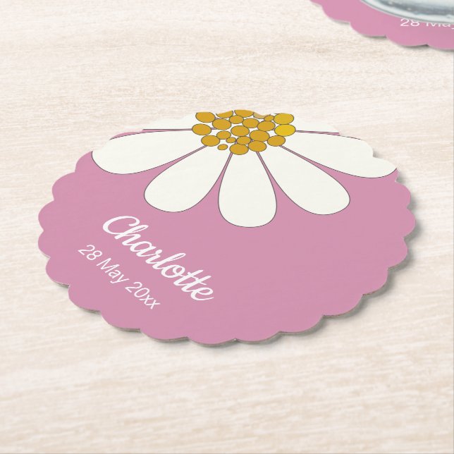 White Retro Modern Daisy Flower Custom Name  Paper Coaster (Angled)