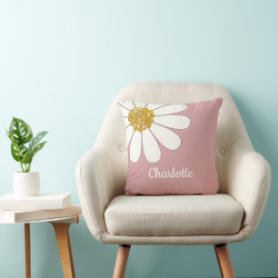 White Retro Modern Daisy Flower Custom Name  Throw Pillow