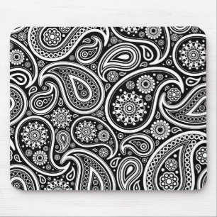 White Retro Paisley Pattern Design On Black Mouse Pad