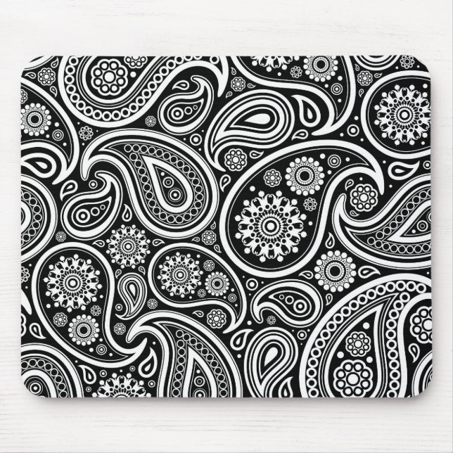 White Retro Paisley Pattern Design On Black Mouse Pad (Front)
