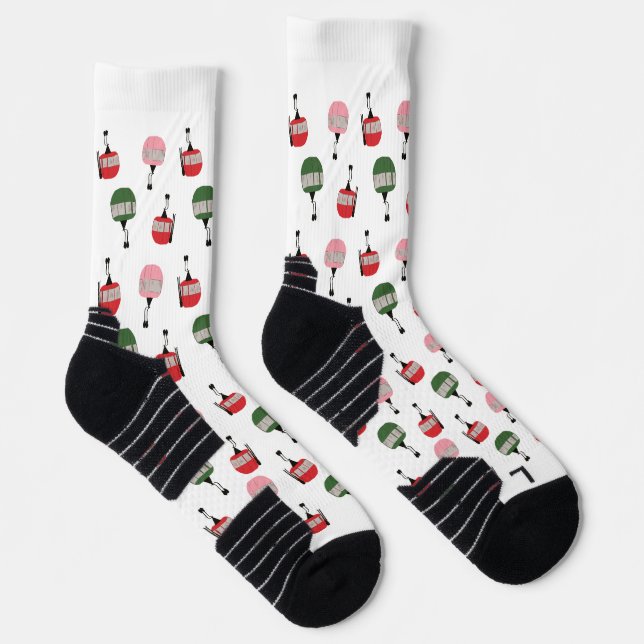 White Retro Ski Lift Gondola Winter Skiing Socks (Right)