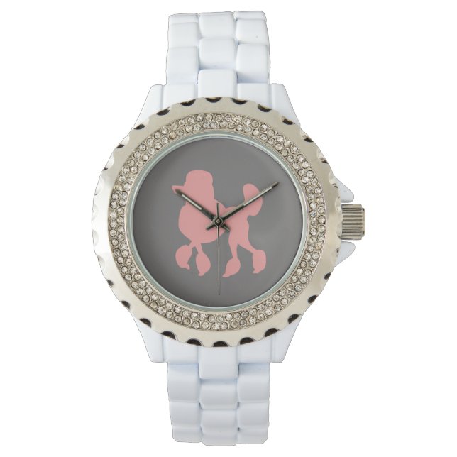 White Rhinestone Pink Poodle Women's Watch (Front)