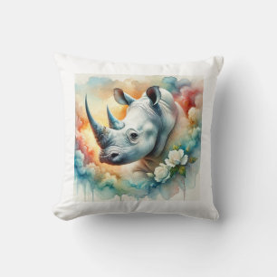 White Rhinoceros 010824AREF136 - Watercolor Throw Pillow