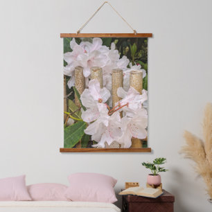White Rhododendron and Bamboo Fence Floral Hanging Tapestry