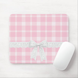 White Ribbon and Bow on Pink Plaid Mouse Pad