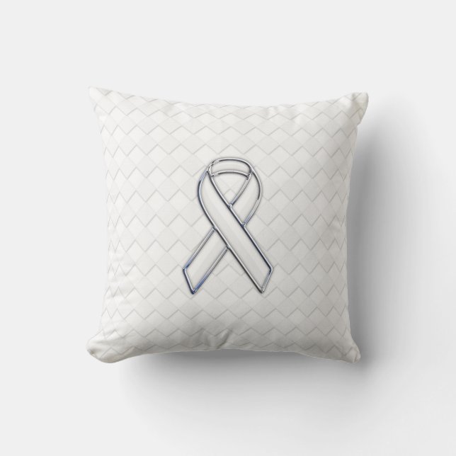 White Ribbon Awareness on Checkers Print Throw Pillow (Front)