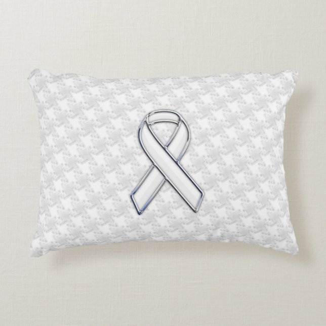 White Ribbon Awareness on Houndstooth Print Decorative Pillow (Front)