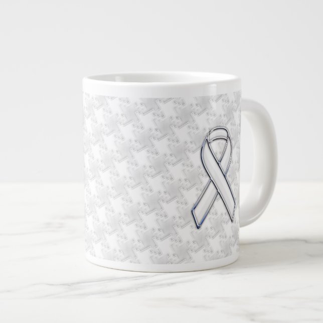 White Ribbon Awareness on Houndstooth Print Large Coffee Mug (Front Right)