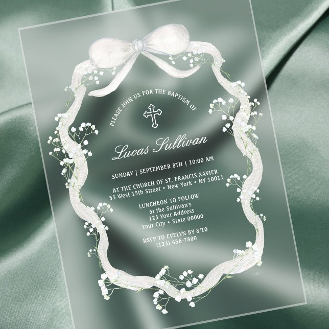 White Ribbon Baby's Breath Baptism Acrylic Invitations (Creator Uploaded)