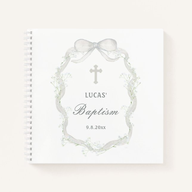 White Ribbon Baby's Breath Baptism Guest Book (Front)