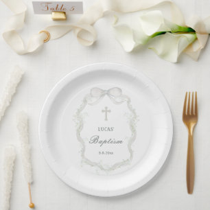 White Ribbon Baby's Breath Baptism Paper Plate