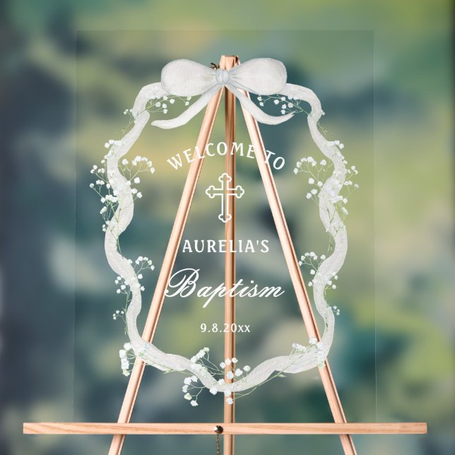 White Ribbon Baby's Breath Baptism Welcome Acrylic Sign (Neutral)