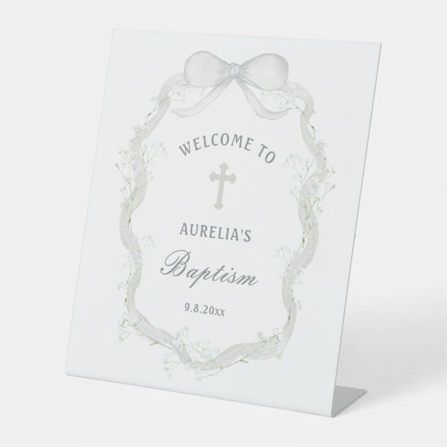 White Ribbon Baby's Breath Baptism Welcome Pedestal Sign (Front)