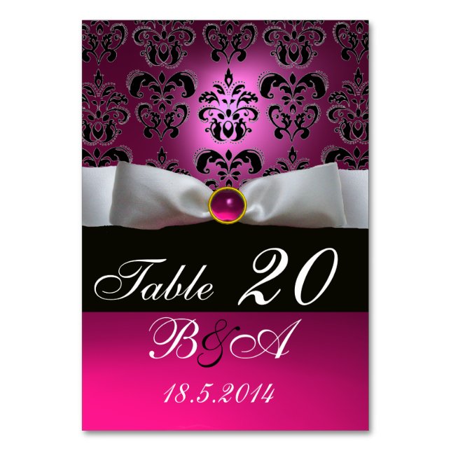 WHITE RIBBON, BLACK PINK FUCHSIA  DAMASK MONOGRAM TABLE NUMBER (Back)