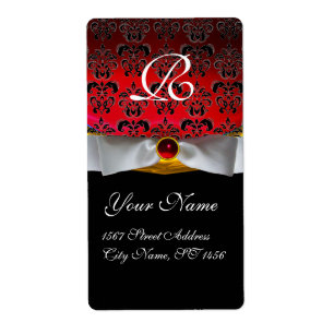 WHITE RIBBON BLACK RED BURGUNDY DAMASK MONOGRAM
