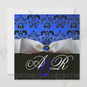 WHITE RIBBON BLUE SAPPHIRE BLACK DAMASK MONOGRAM INVITATION