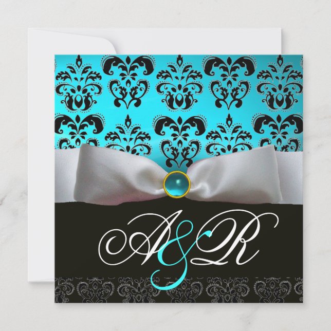 WHITE RIBBON BLUE TURQUASE BLACK  DAMASK MONOGRAM INVITATION (Front)
