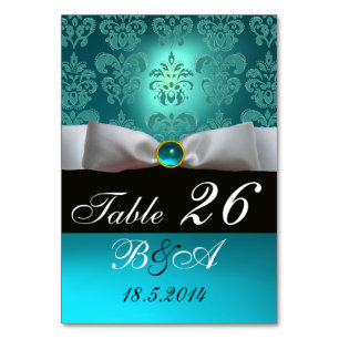 WHITE RIBBON BLUE TURQUASE BLACK DAMASK MONOGRAM TABLE NUMBER