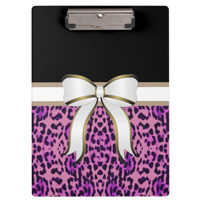 White Ribbon Bow with Purple Leopard Print Clipboard (Front)