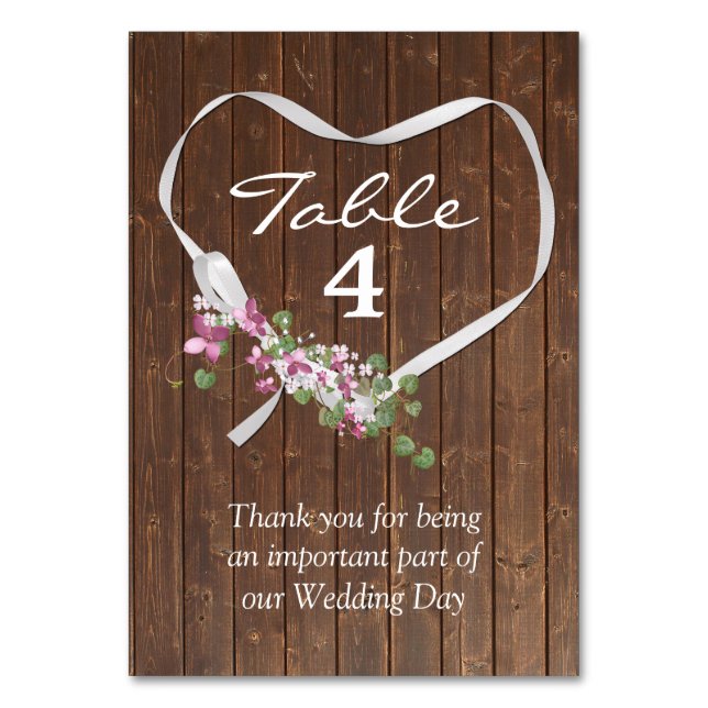 White Ribbon Heart On Barn Wood   Table Number (Front)
