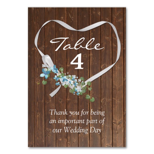 White Ribbon Heart On Barn Wood Table Number (Front)
