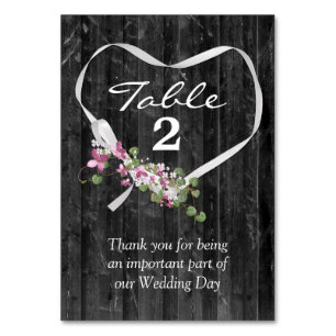 White Ribbon Heart On Grey Barnwood    Table Number