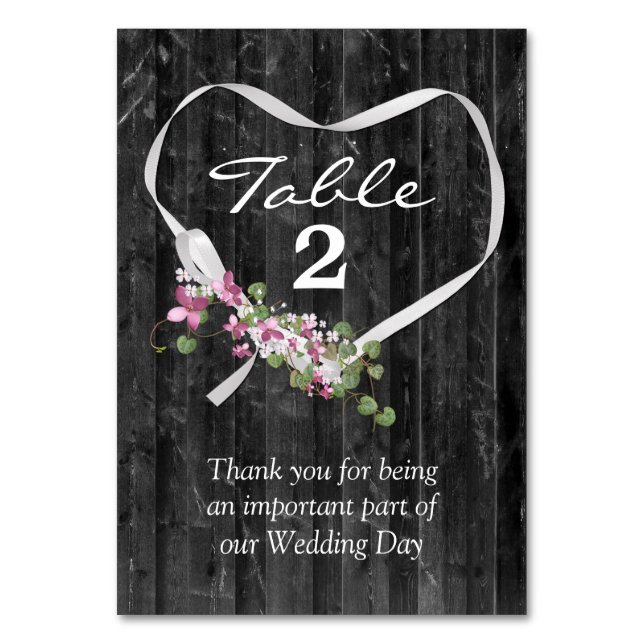 White Ribbon Heart On Grey Barnwood    Table Number (Front)