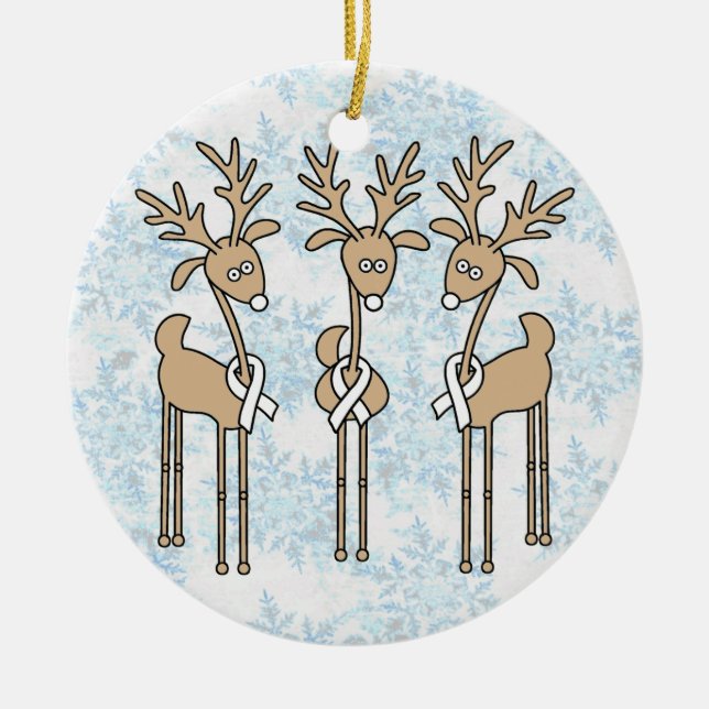 White Ribbon Reindeer Ceramic Ornament (Front)