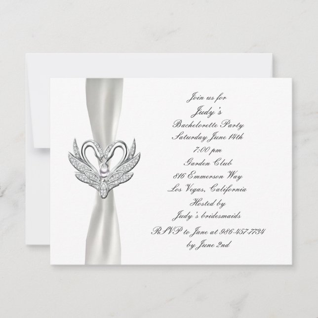 White Ribbon Silver Swan Bachelorette Party Invite (Front)
