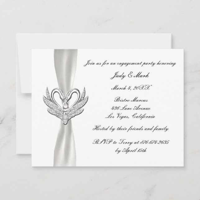 White Ribbon Silver Swans Engagement Party Invite (Front)