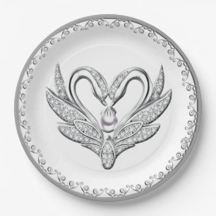 White Ribbon Silver Swans Paper Plate