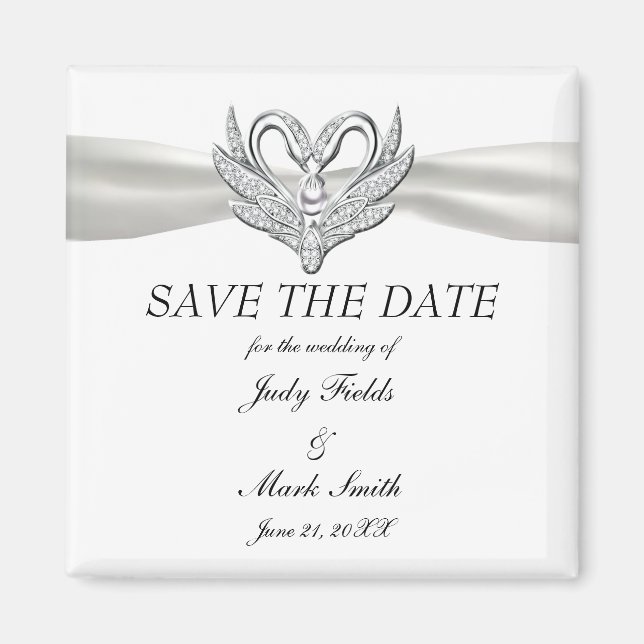 White Ribbon Silver Swans Save The Date Magnet (Front)