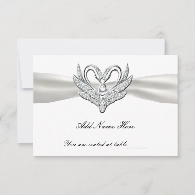 White Ribbon Silver Swans Table Place Card (Front)
