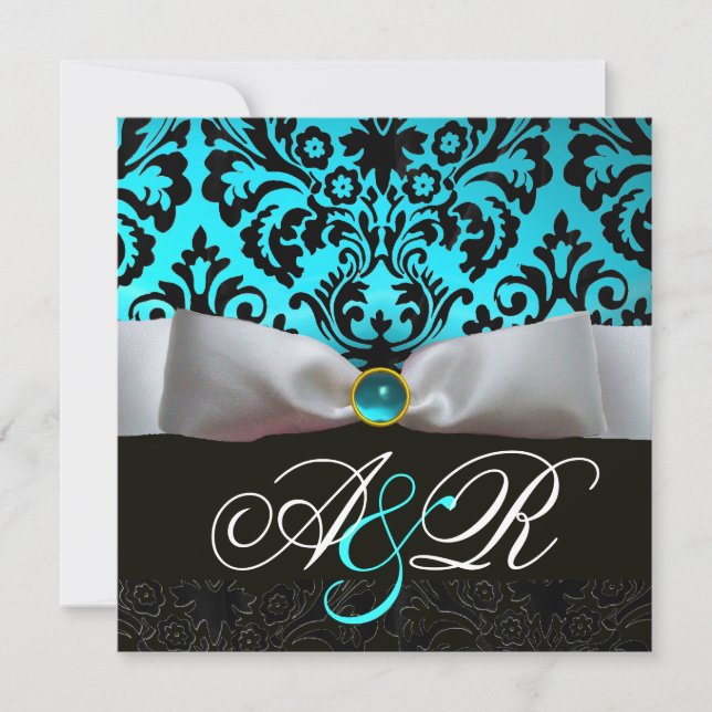 WHITE RIBBON TEAL AQUA BLUE BLACK  DAMASK MONOGRAM INVITATION (Front)
