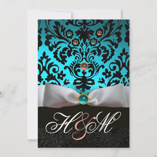 WHITE RIBBON TEAL PINK BLUE BLACK DAMASK MONOGRAM INVITATION (Front)