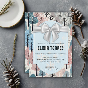 White Ribbon Winter Forest Snowflakes Baby Shower Invitation