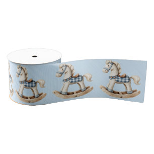 White Rocking Horse Blue Checkered Saddle  Grosgrain Ribbon