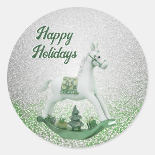 White Rocking Horse Green Christmas Holiday Classic Round Sticker