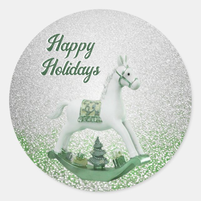 White Rocking Horse Green Christmas Holiday Classic Round Sticker (Front)