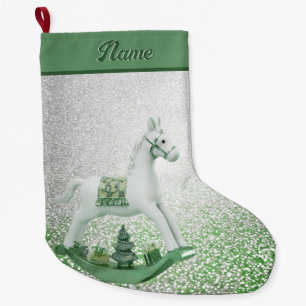 White Rocking Horse Green Christmas Holiday Large Christmas Stocking