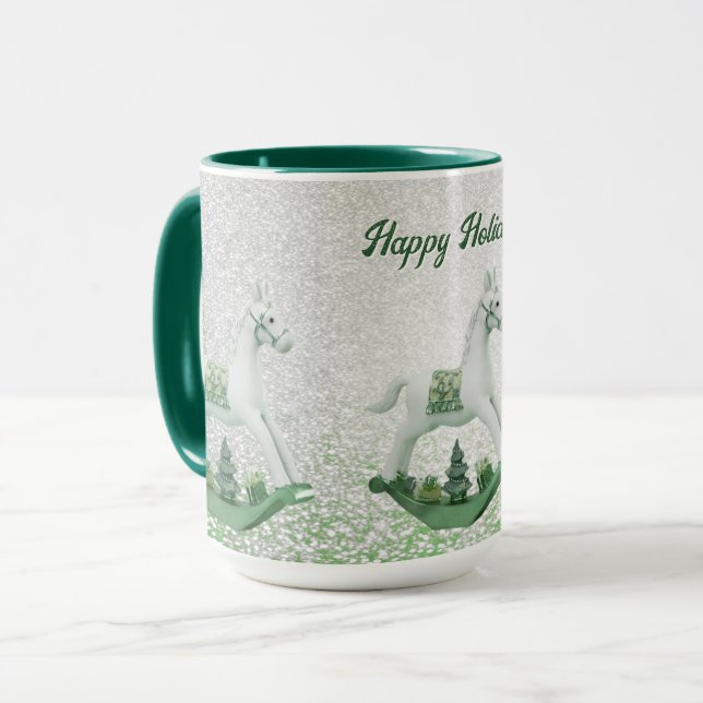 White Rocking Horse Green Christmas Holiday Mug (Front Left)